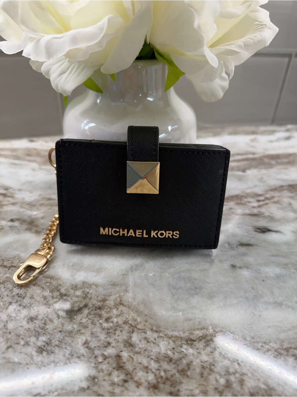 Michael Kors Black Card Case with Gold Hardware and Chain Clip